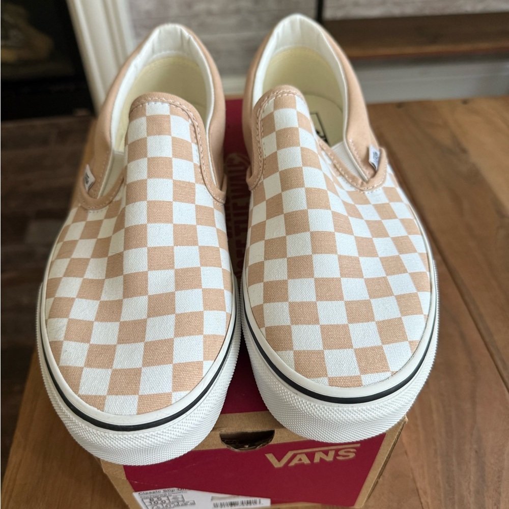 Vans  Checkerboard Slip-On Shoes - Tan and White